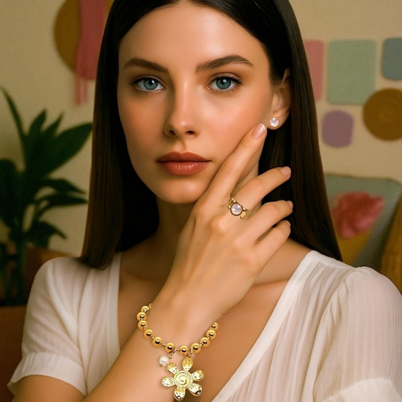 ๐๏ธ24K Gold Plated Chunky Beaded Bracelet with Freshwater Pearl & Flower Charm๐ธ - Picture 4 of 15